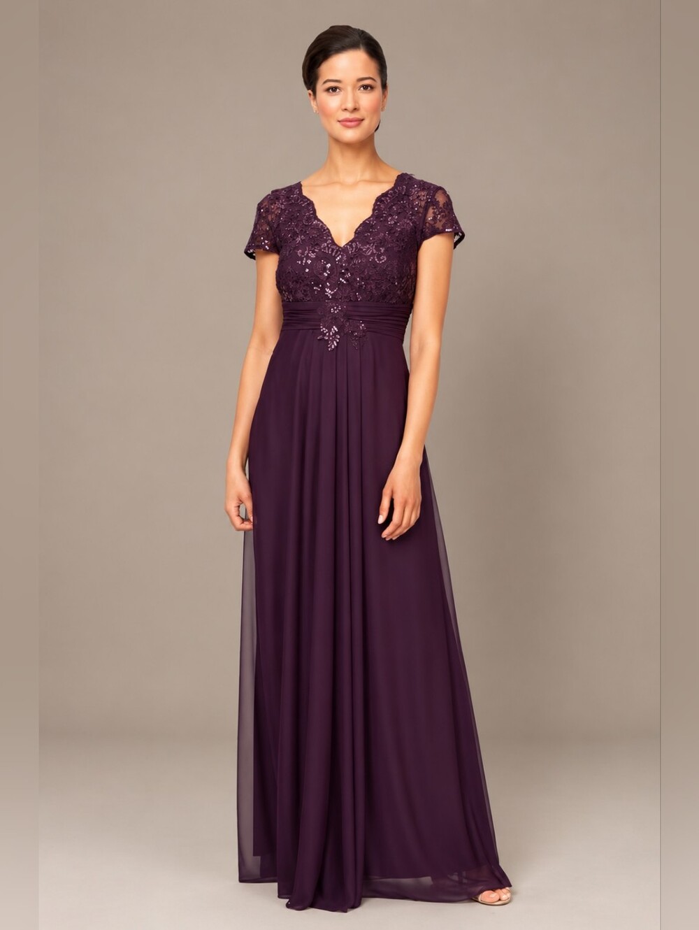 ALEX EVENINGS Pleated Empire Waist Dress Scallop Detail Elegant Size 14 Evening
